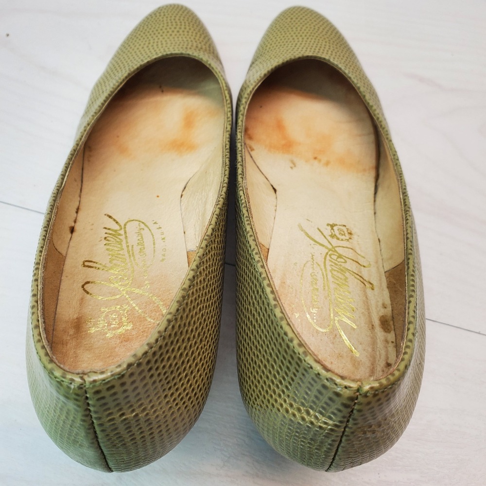 Johansen Vntg Lizard Embossed Leather Heels Olive Green Pointed Toe Pumps Size 5 - Picture 10 of 12